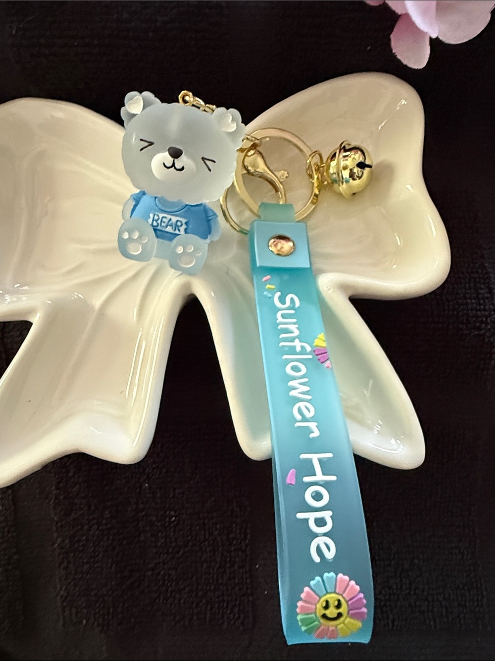 Blue Bear Keychain Wristlet with Sunflower Hope Strap